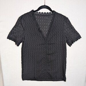 Black Semi Sheer Short Sleeve V Neck Blouse Size M